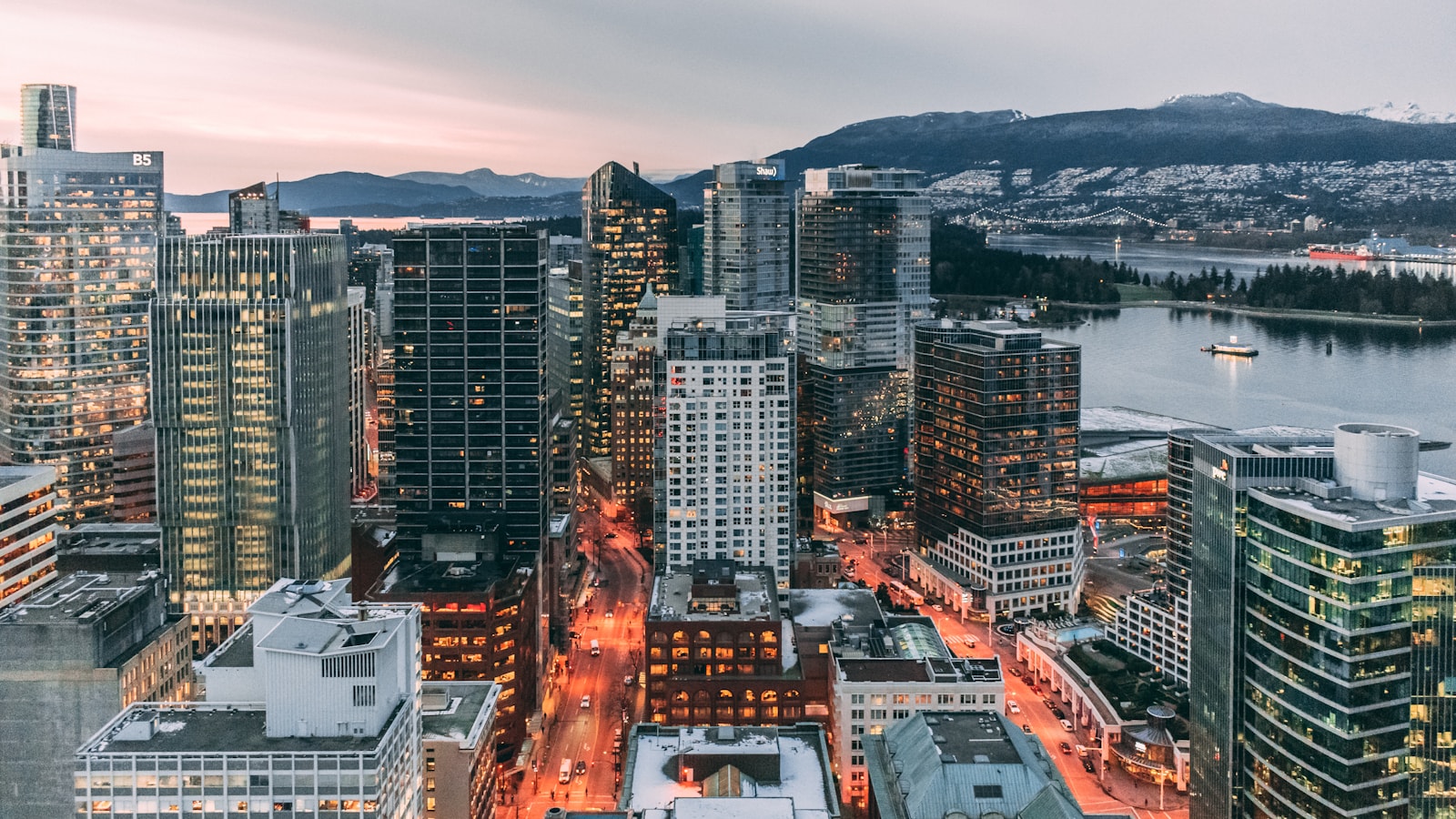 High angle view of Vancouver streets and buildings on a grey city day.
