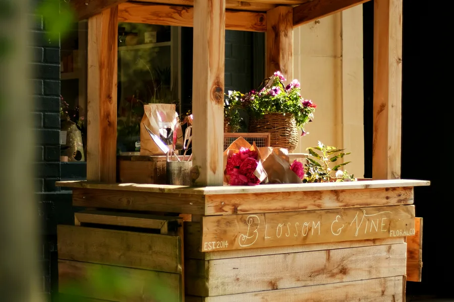Wooden stand with a planter on top outside a Mount Pleasant storefront