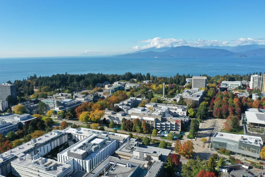 Aerial view of Vancouver with mountains in the background