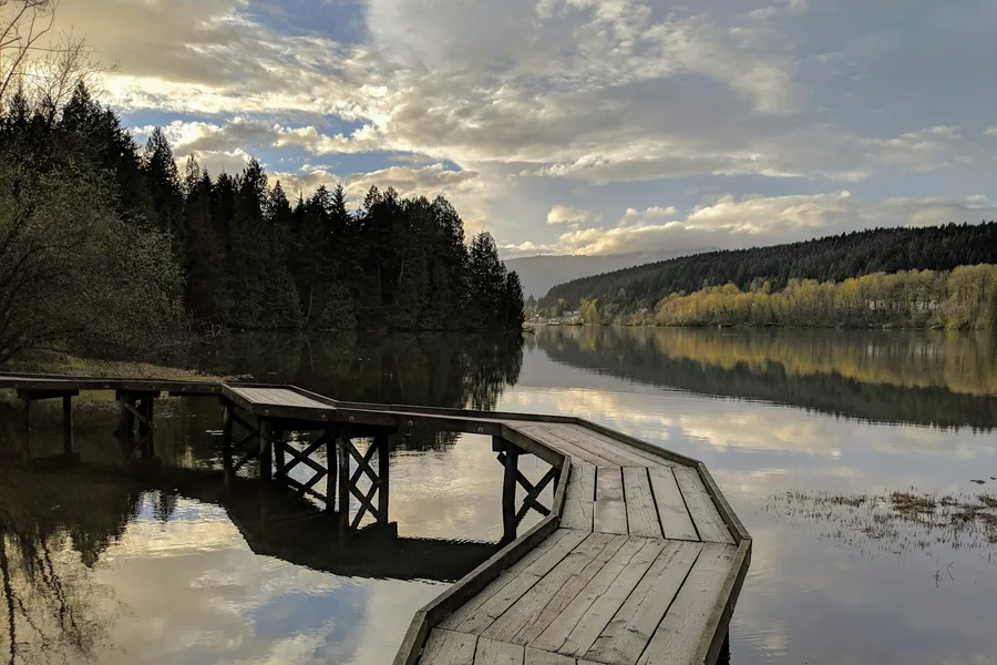 Gray wooden dock on a lake during the day
