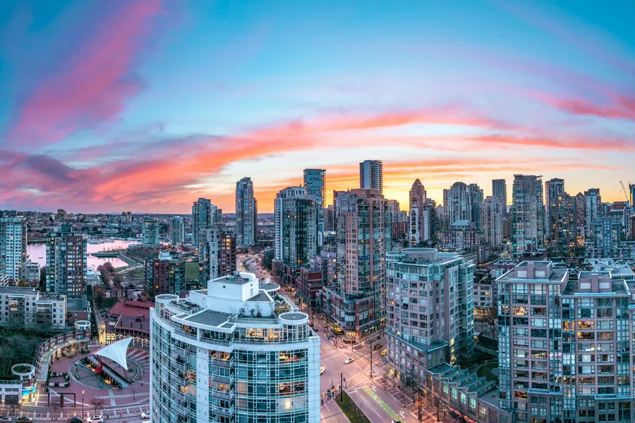 Aerial view of high-rise buildings in Yaletown and downtown Vancouver