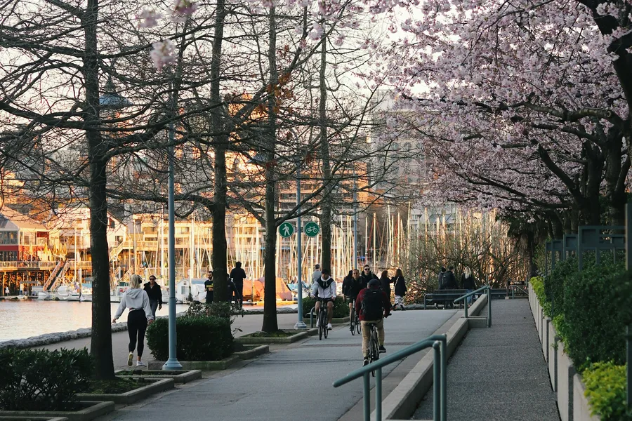 People walking on a tree-lined sidewalk in Yaletown