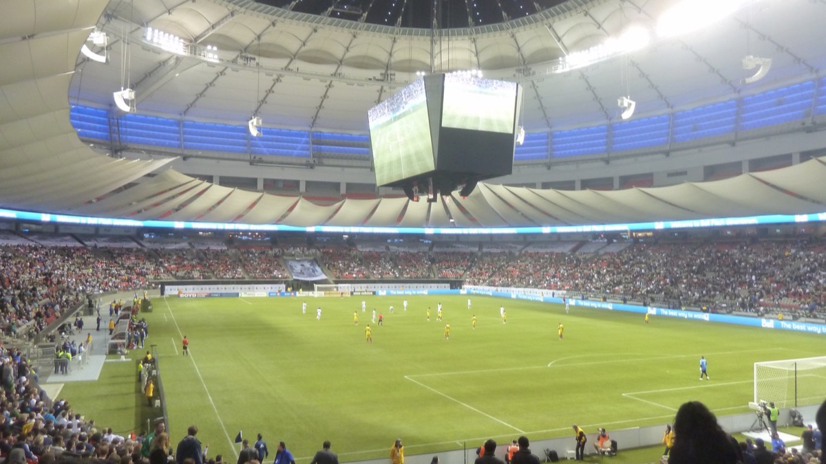 BC Place during a night soccer match in Vancouver