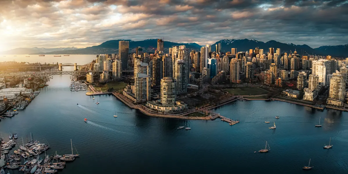 Aerial view of downtown Vancouver and False Creek at sunset